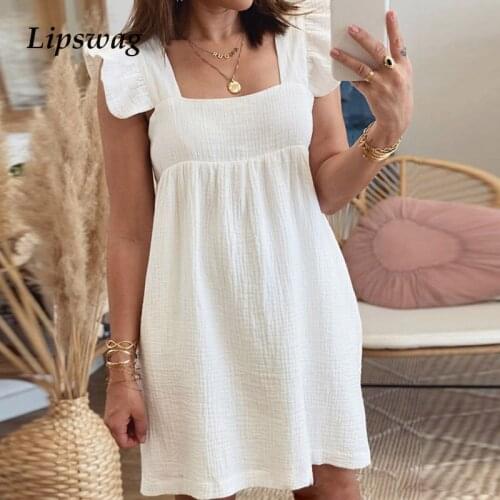 Women Summer Loose Pocket Beach Dress Elegant Flying Sleeve Ruffle Mini Dress Ladies Casual Square Collar Patchwork Party Dress