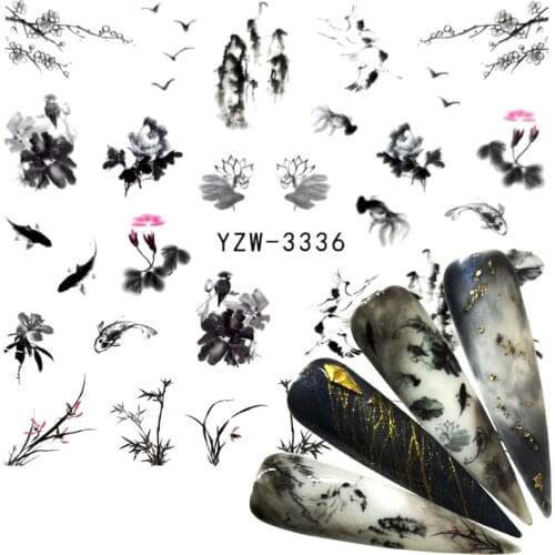 WUF 1 Sheet Chinese Landscape Painting Style Fish Floral Bird Adhesive Nail Art Stickers Decorations DIY Salon Tips