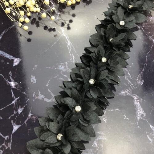 1 yard Black 3D Flower Pearl Diamond Lace Trim Applique Trimming Lace Ribbon Patches Embroidered Fabric Sewing Craft Handmade Wedding Decoration