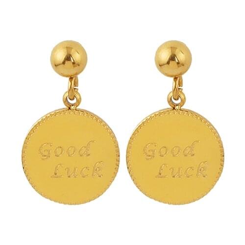 2021 New Arrival Engraved Good Luck Disc Drop Charms Earring Stainless Steel Letter Coin Drop Earrings For Women Girls Gift