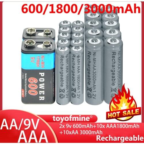 2x 9v 600mAh+10x AAA 1800mAh +10xAA 3000mAh 1.2V NI-MH rechargeable battery grey cells