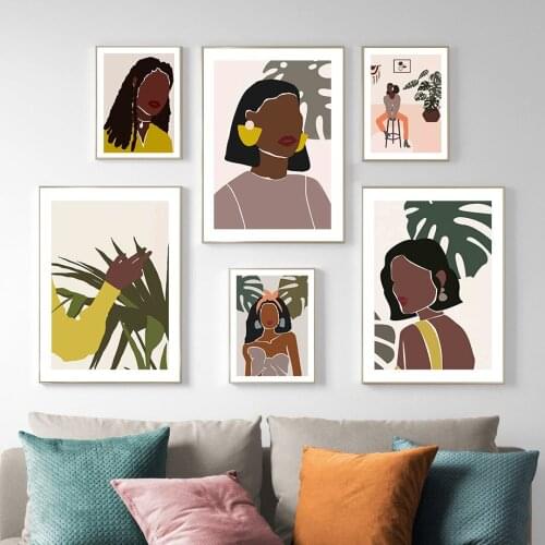 Abstract Black Womans Monstera Bedroom Wall Art Canvas Painting Nordic Posters And Prints Wall Pictures For Living Room Decor