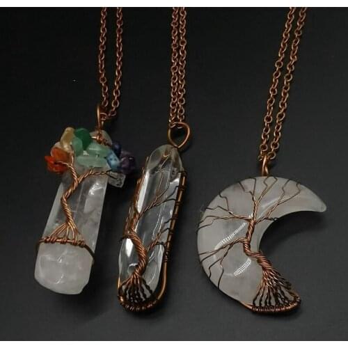 Antique-gold Natural Raw Stone Healing Crystal Necklace Tree of Life Wire Wrapped Clear Quartz Point Pendant for Womens Ladies