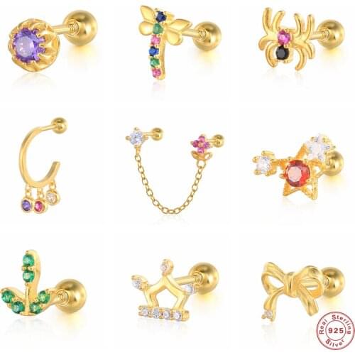 BOAKO 925 Sterling Silver Colorful Crystal Star Crown Bowknot Stud Earrings For Women Dragonfly Spider Piercing Ear Studs Jewel