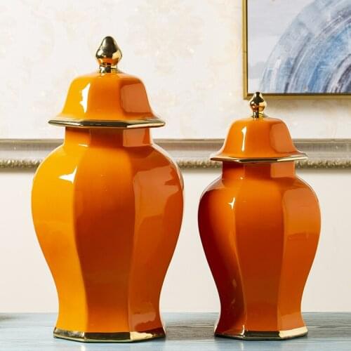 Jingdezhen orange glaze hand paint high quality floral ceramic ginger jar porcelain temple jar vase