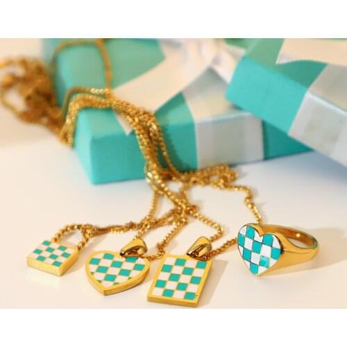 Enamel Blue White Checkerboard Grid Lock Heart Pendant Necklace For Women 18K Gold Plated Stainless Steel Waterproof Chokers