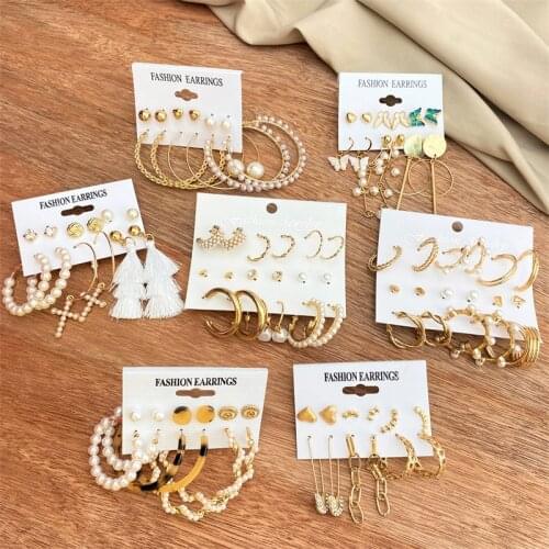 EN Fashion Gold Hoop Earrings Set Women Pearl Hoop Earrings Oversize Metal Circle Punk Earring 2020 Female Fashion Jewelry