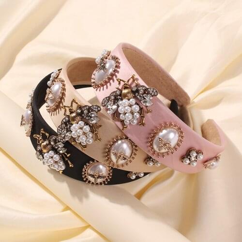 Simulated Pearl Bumble Bee Headbands Womens Hair Accessories Baroque Vintage Crystal Hairband Female Flower Pearls Headdress