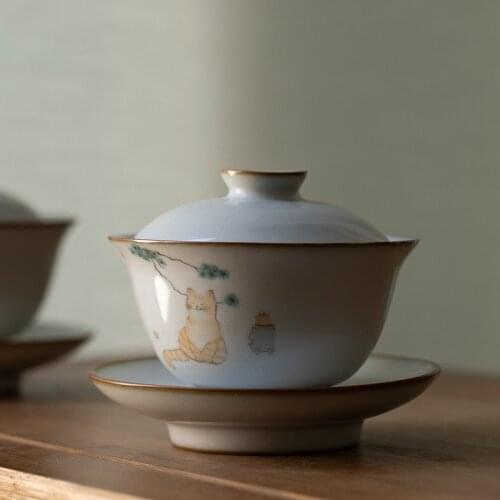 Cute Cat Ru Kiln Sancai Covered Bowl Ceramic Kung Fu Tea Set Tea Maker gaiwan ceramic gaiwan cute cat porcelain tureen 160ml