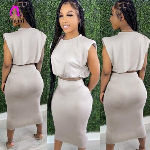 Padded Shoulder Women 2 Piece Set Solid Sleeveless Crop Tank Top High Waist Bodycon Skirt Matching Suit Sexy Club Party Outfits