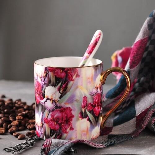 Creative Bone China Coffee Mugs 12oz With Spoon Gorden Handle Porcelain Milk Latte Cups Vintage Gift For Friends Home Drinkware