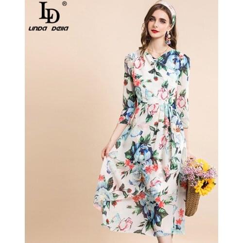 LD LINDA DELLA Runway 2021 Womens Summer New Floral Party Dress Vacation Vintage 3/4 sleeve Ruffles Printed Fashion Midi Dress