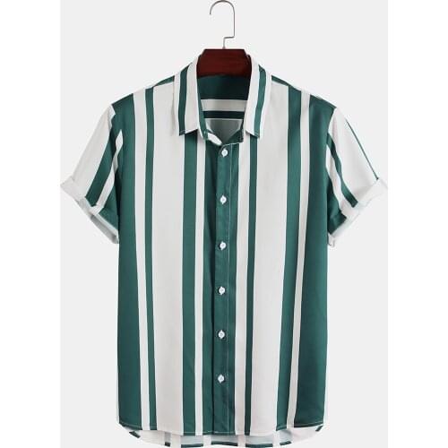 Mens Summer Green Striped Printing Hawaiian Shirt Men 2021 Short Sleeve Streetwear Lapel Casual Brand Shirts Chic Button Camisa