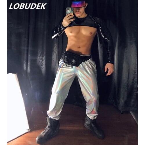 Men Hip Hop Dancer Groups Stage Wear Reflective Patent Leather Shoulder Sleeve Pants Outfits Nightclub Bar Party Sexy Costume