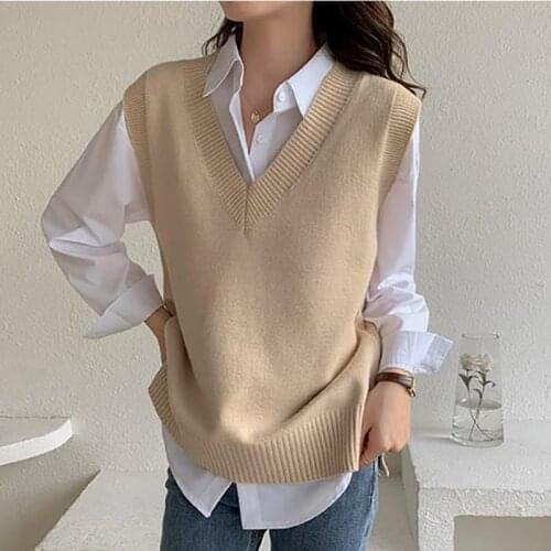 Solid V-neck Sleeveless Sweaters Vest + Shirt Two-piece Suit Korean Style Teens Loose Knitwear Sweaters Autumn Winter Slim Suit