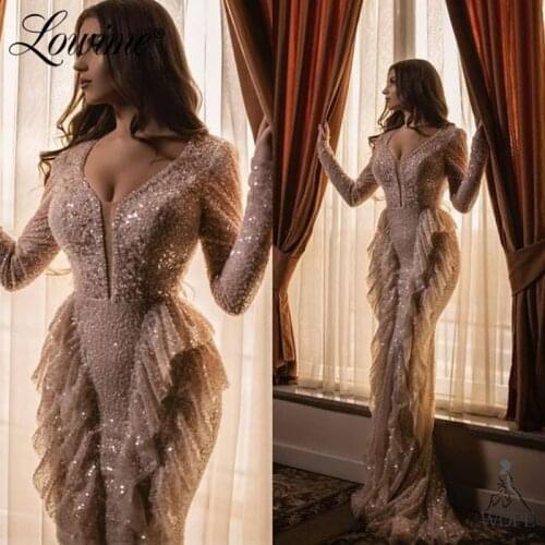 Formal V Neck Evening Gowns Mermaid Long Party Dresses Beads Long Prom Dresses Arabic Celebrity Dresses Abendkleider 2020 Robes