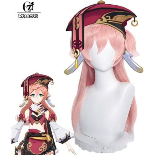 ROLECOS Yanfei Cosplay Wig Game Genshin Impact Yanfei Cosplay Wig Women 75cm Pink Headwear Long Synthetic Hair Heat Resistant