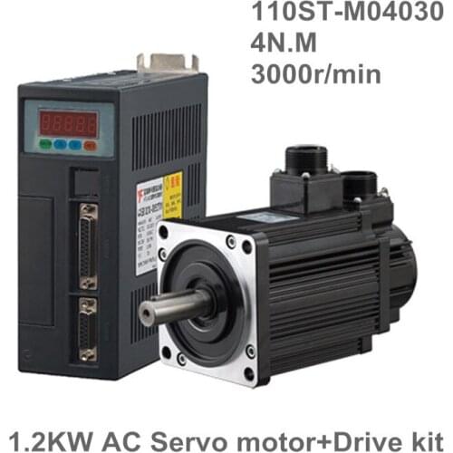 4N.M 1.2KW 3000RPM 110mm 110ST 5A AC Servo Motor 110ST-M04030 + AC220V Servo Driver + 3meter cable complete motor kit