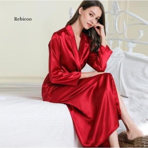 Silk Dressing Gowns For Women Spring Summer Sexy Nightwear Bathrobe Black/Wine Red Plus Size Dresses M-XXL