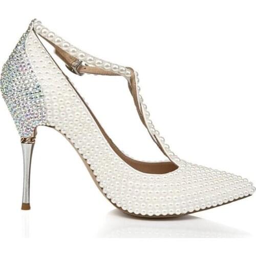 Wedding Shoe Pearls Ankle Straps Genuine Leather Diamonds Rhinestone T-shaped Adjustable Buckle Straps Bridal Wedding Pumps