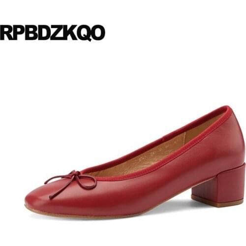 Pumps Chunky Low Heels Footwear Kawaii Ladies Girls Cute Bow Square Toe Prom Shoes 2021 Wine Red Size 33 Genuine Leather Sweet