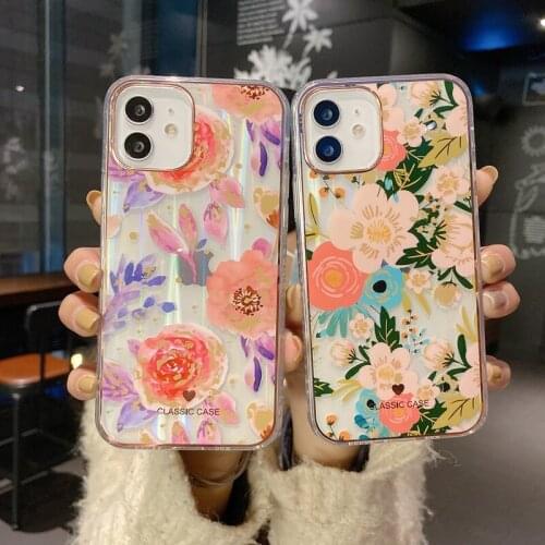 Vintage Laser Flower Leaf Phone Case For iPhone 12 11 Pro Max XR XS Max X 7 8 Plus 12Mini 12Pro Clear Soft IMD Bumper Back Cover