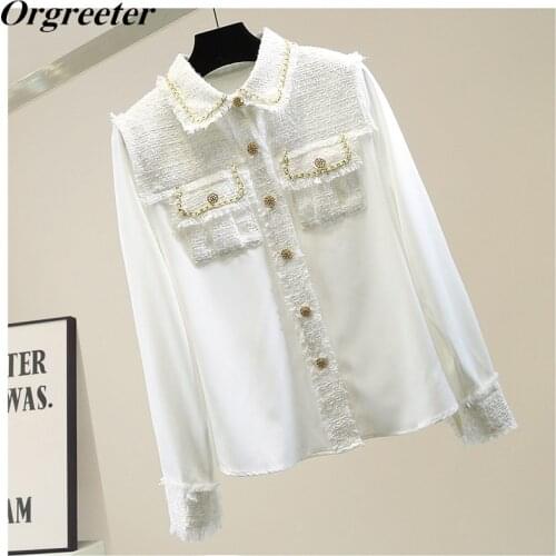 Temperament Tweed Stitching Chiffon Shirt for Women 2021 Fall New Long Sleeve Gold Chain Weave Tassels Trim Double Pocket Blouse