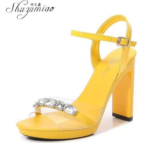 SHUZUMIAO Big Shoes 42 43 Women Sandals Open Toe 11CM High Heels Women Transparent Rhinestone Sandals Buckle Strap Shoes New