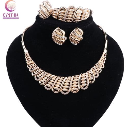 CYNTHIA Gold Color Crystal Necklace Earrings Bracelet Ring Set Rhinestone New Simple Party Dress Jewelry Sets For Women