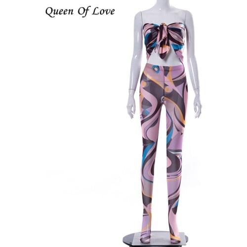 2 Piece Women Mesh Leggings Matching Set 2021 Summer Fashion Streetwear Sleeveless Slash Neck Crop Top And Pant Outfits