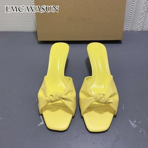 LMCAVASUN ZA womens shoes yellow Bow High heels Sheep leather sandals Square open toe stiletto sandals