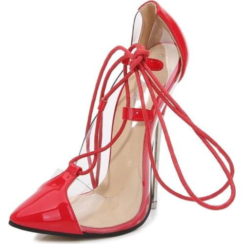 MAIERNISI 2021 Design Cross Straps Pumps Pole Dance Women Shoes High Heels PVC Transparent Sexy Night Club Femme Shoes Big Size