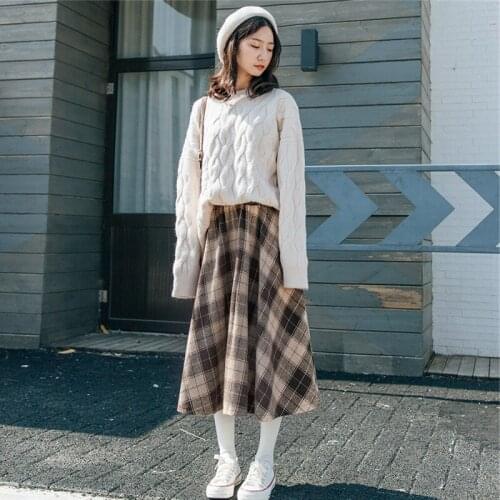 Autumn Winter Women Elegant Knitted Sweater Pullover and Plaid Long Skirt 2 Piece Set Knitted Pleated Skirts Suit 2021 New