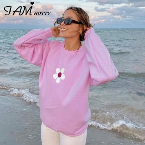 Cute Floral Print Sweatshirt Women Harajuku y2k Hoodie Korean Style Basic Loose Tops Casual Pink Pullovers Fall Spring Iamhotty