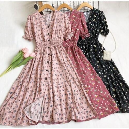 Summer Clothes For Women Fashion Floral Short Sleeve Single Breasted Robe Slim A-line Robe Elegant Ladies Dress 2021 New Korean