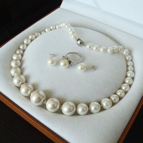 Womens RARE REAL 8-14MM SOUTH WHITE SEA SHELL PEARL NECKLACE RING EARRINGS 18 inch Genuine Lucky Ladys jewelry Fine Womans