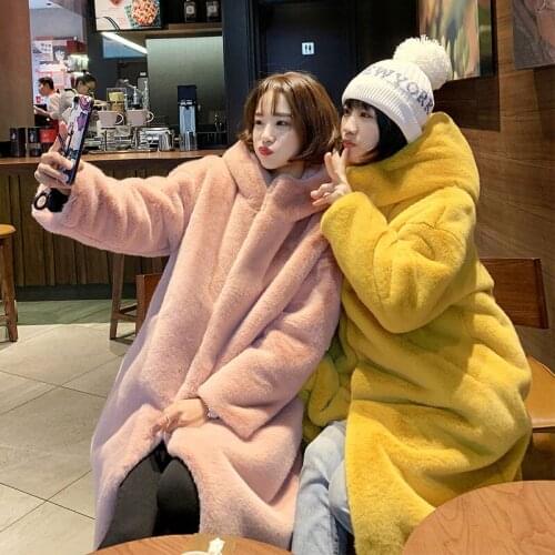 Women 2021 Winter Faux Rabbit Hair Fur Coat Female Hooded Imitation Fur Long Jacket Loose Thick Warm Fake Fur Outerwear C460