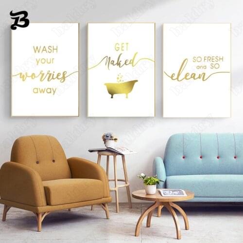 Nordic Golden Wall Art Decor Modern Letters and Bathtub Pattern for Bathroom Hotel Combination of Letters Decorative Painting