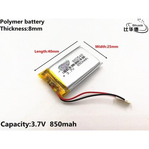 1pcs/lot Good Qulity 3.7V,850mAH,802540 Polymer lithium ion / Li-ion battery for TOY,POWER BANK,GPS,mp3,mp4