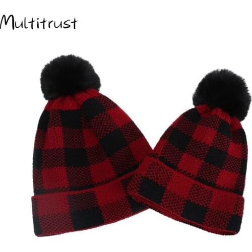 2020 Xmas Baby Hat Winter Fur Ball Parent-Child Knitted Hat 2pcs Christmas Warm Hat Plaided Beanie Caps For Baby & Mom Gifts