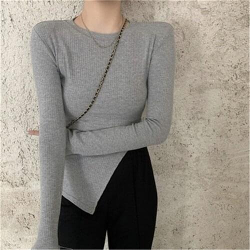 2021 Autumn Spring Women O-neck Long Sleeve Cotton T-shirts Tees Girls Solid Slim Split Tees T shirts Tops For Female ZY5609
