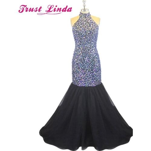 Shining Rhinestone Prom Gown Unique Halter Tops Floor Length Mermaid Robe Strass Dress for Wedding Party Graduation