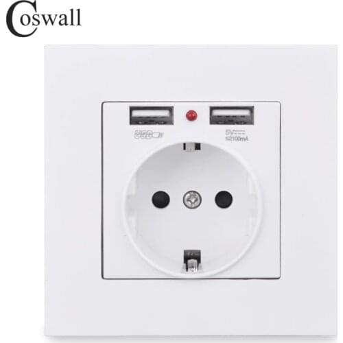 Coswall Dual USB Charging Port 5V 2.1A LED Indicator 16A Wall EU Power Socket Outlet PC Panel Grey Gray Black White Gold