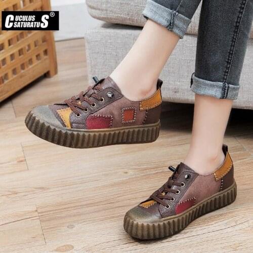 Cuculus Women Shoes Flat 100% Authentic Leather Plain toe Lace up Ladies Shoes Flats Woman Moccasins Female Footwear