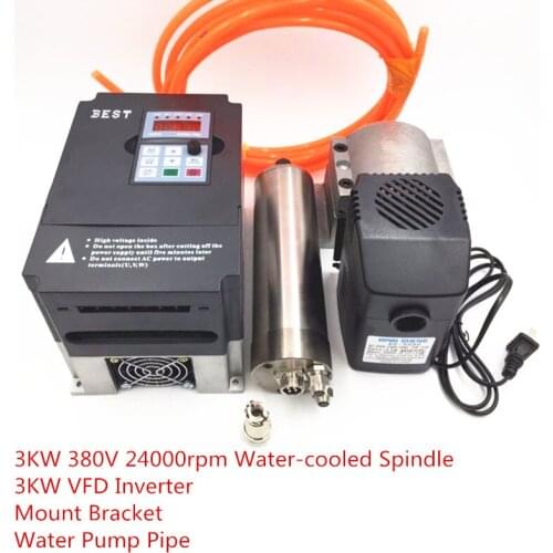 CNC Router 3KW 380V 24000rpm Water-cooled Spindle+3KW VFD Inverter+Mount Bracket+Water Pump Pipe Kits for CNC Engraving