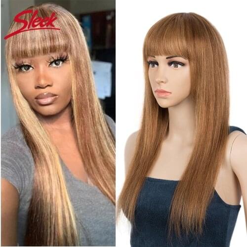 Sleek Straight Human Hair Wigs P4/27 Color Mixed Blonde P27/613 Color 100% Natural Remy Brazilian Hair Wig With Bangs