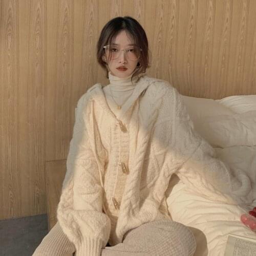 Korobov 2021 New Autumn Winter Women Cardigans Korean Thick Knitted Cardigan Japanese Hooded Long Sleeve Sueter Mujer