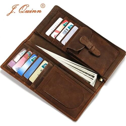 J.Quinn Mens Leather Wallet Long Retro Crazy Horse 11 Cards Coin Case Zipper Pocket Mens Clutch Purse Bag Bifold Cow Male Walet