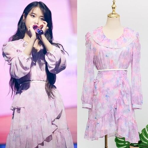 Kpop IU Lee Ji Eun summer streetwear loose sweet long sleeved Chiffon dress women Korean fashion Elegant irregular mini dresses
