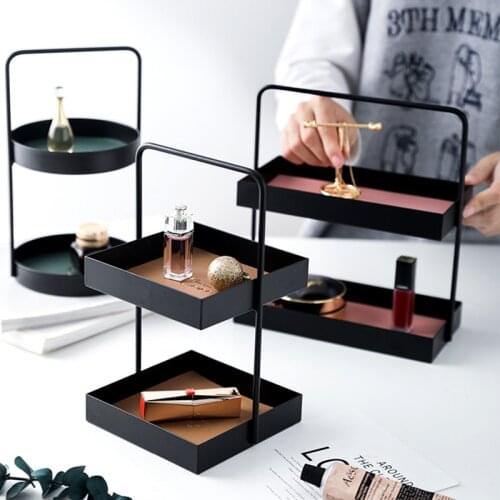 2-layer Metal Storage Tray Jewelry Display Plate Cosmetic Sundries Organizer Tray with PU Leather Pad for Desktop Decor